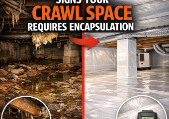 Comparison of a damp crawl space and a clean, encapsulated crawl space with a moisture meter reading.